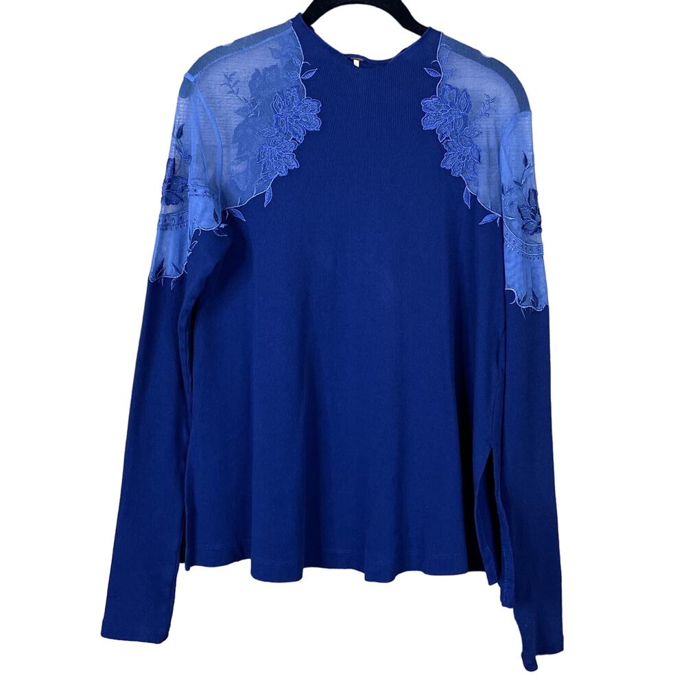 Free People Daniella Pieced Top Ribbed Long Sleeve Lace Shoulder Blue Size XS